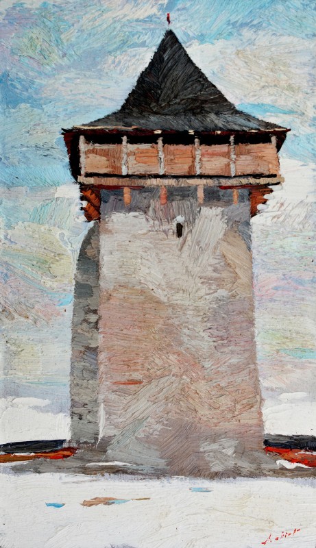 "Tower. Humor" by Anatol Ghimpu, 2015, 520x300mm, oil on canvas