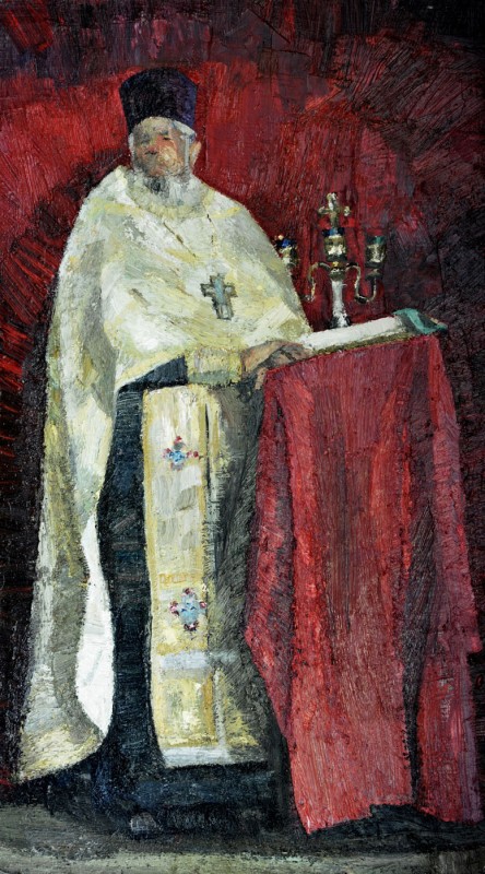 "Figură. Preot" by Nicolae Luca, 2009, 760x420mm, oil on canvas