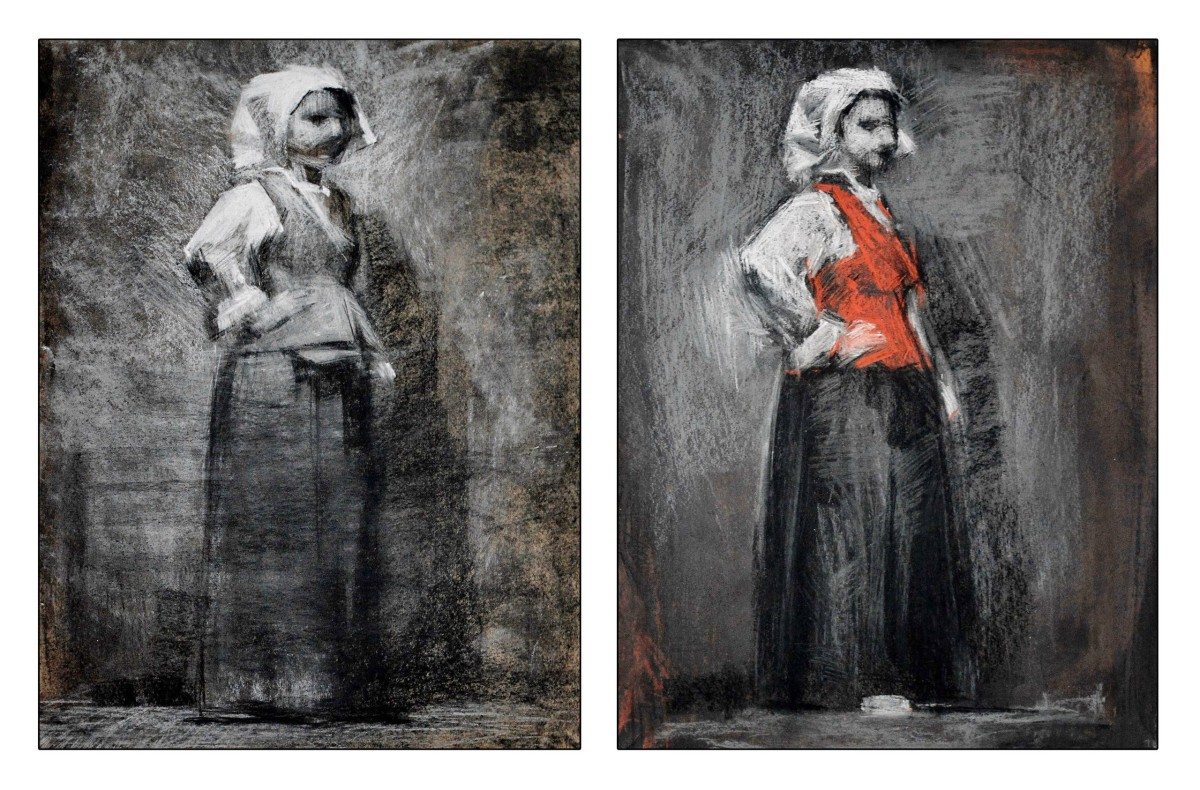"Figură olandeză" by Ion Golubei, 2016, 400x300mm x 2, Russian sauce and pastel on paper