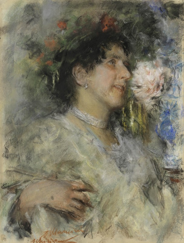 "Smelling Flowers" by Антонё Манcини, 85.5 cm x 68 cm x 2.2 cm, пастель / бумага